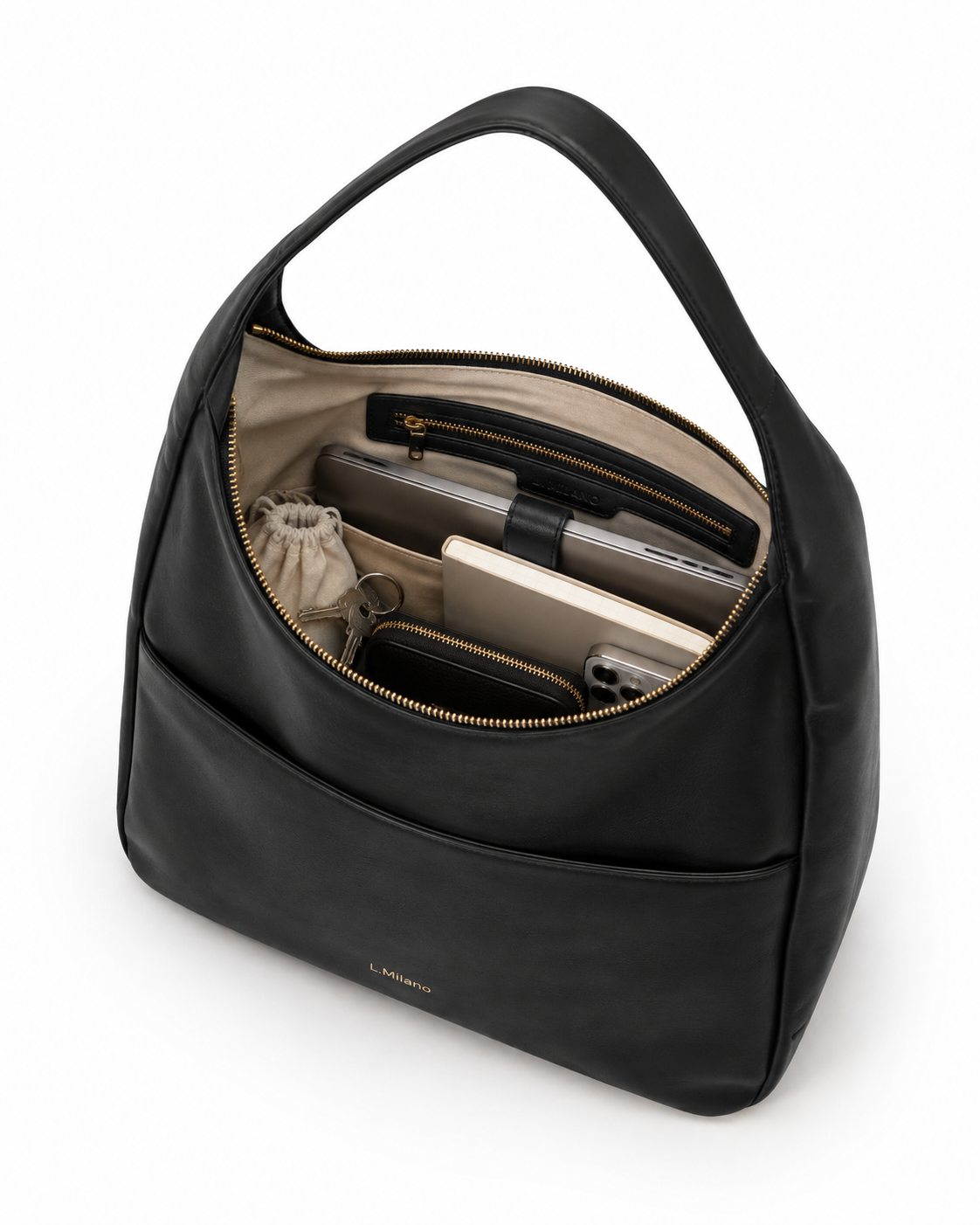 Interior del bolso Milano con portátil, cuaderno, cartera y llaves