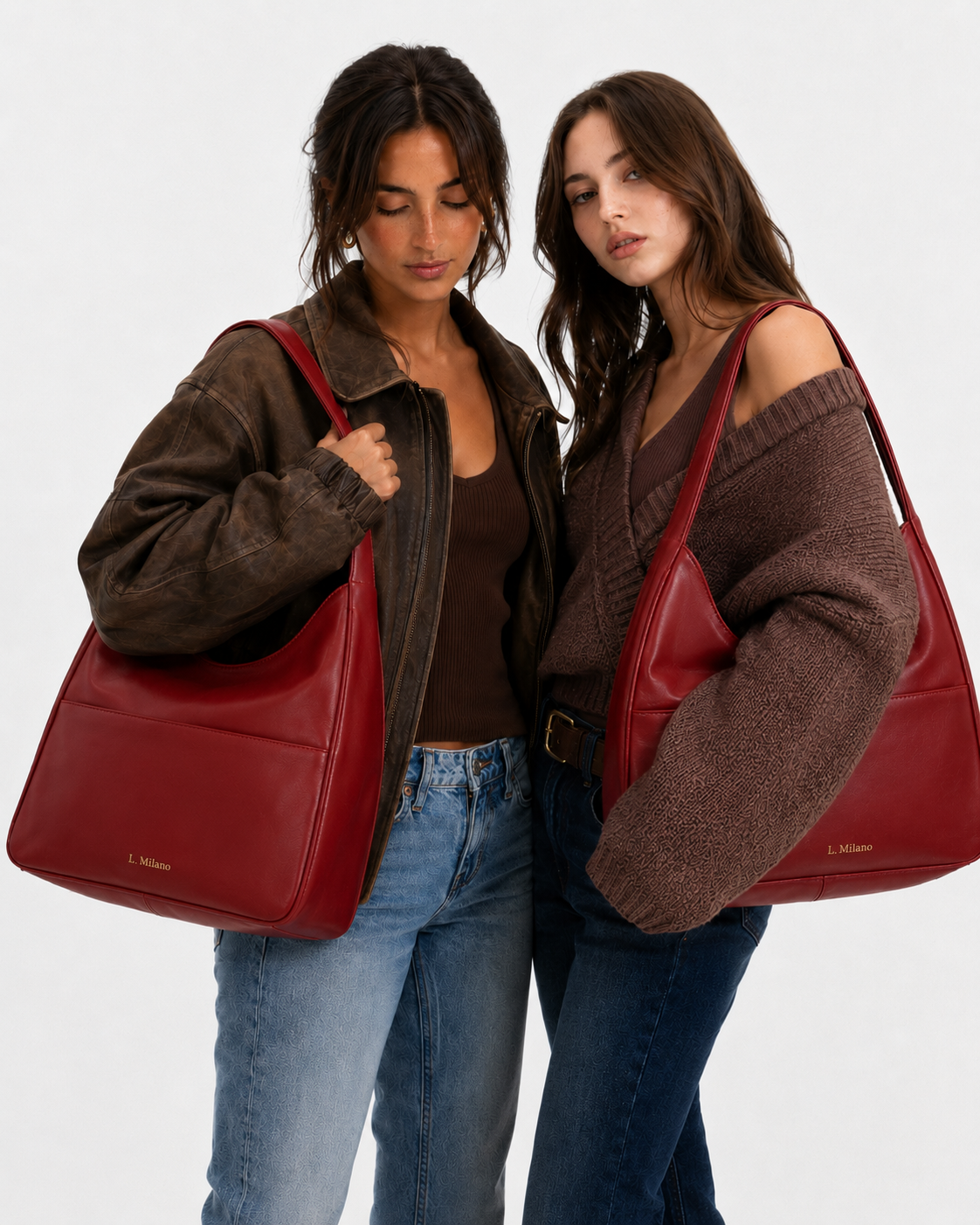 Bolso Milano en rojo burdeos, dos modelos