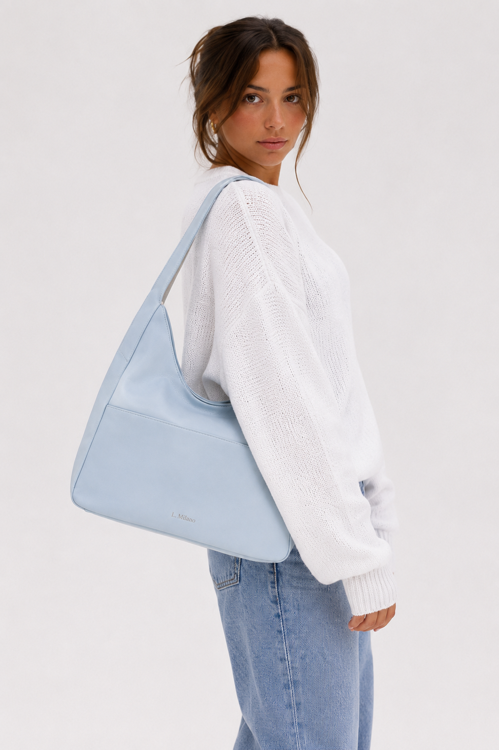 Bolso Milano en azul grisáceo, de espaldas